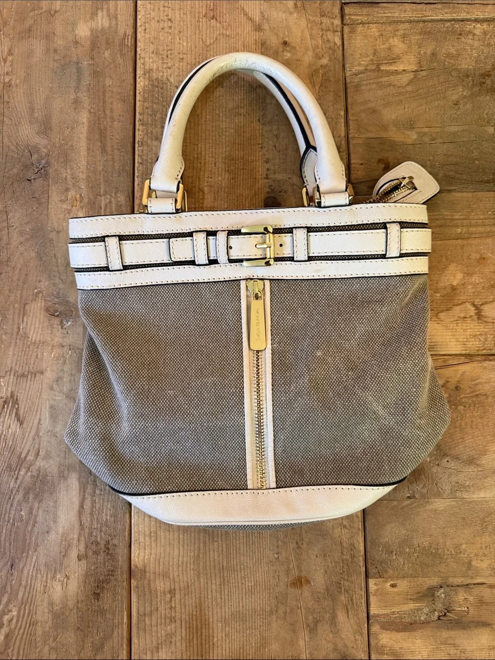 Michael Kors Beige Canvas Shoulder Bag with White Leather Trim